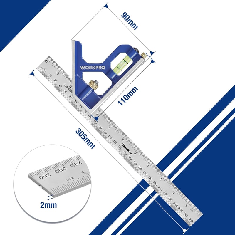 WORKPRO 300mm Kombinált Derékszög Szintezővel és Ceruza Jelölővel Rozsdamentes Acél
