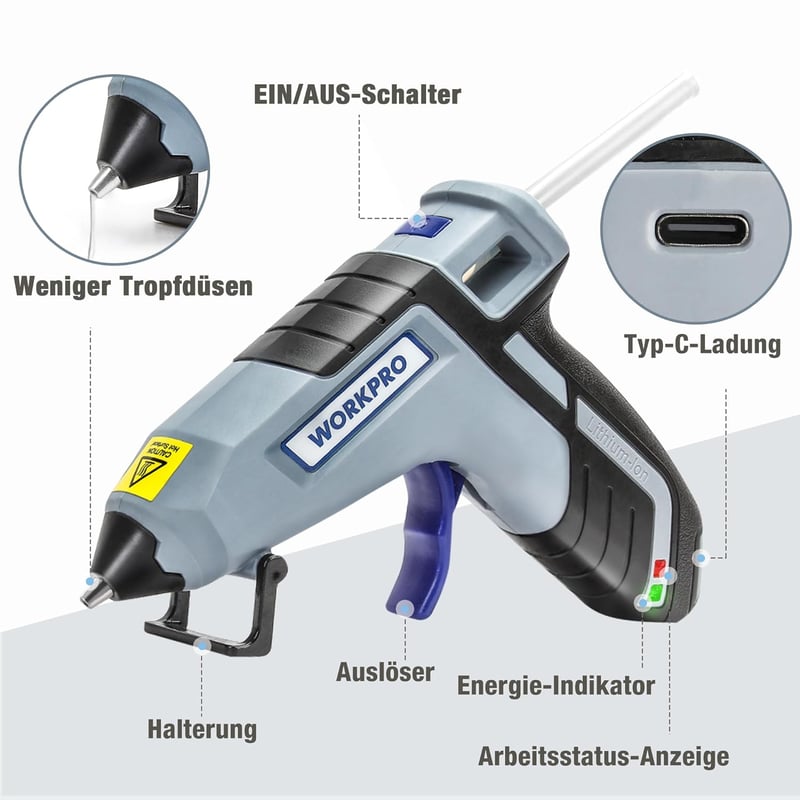 WORKPRO Akkumulátoros Ragasztópisztoly 3.6V - Vezeték Nélküli, 2600 mAh, 20 Ragasztórúddal, Gyors Felfűtés, Automatikus Kikapcsolás, Barkács