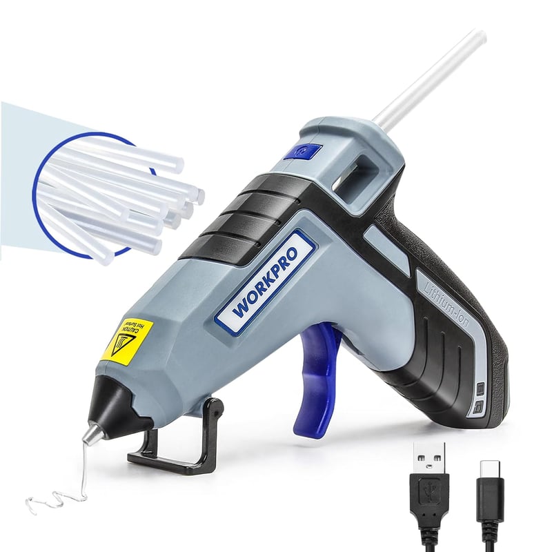 WORKPRO Akkumulátoros Ragasztópisztoly 3.6V - Vezeték Nélküli, 2600 mAh, 20 Ragasztórúddal, Gyors Felfűtés, Automatikus Kikapcsolás, Barkács