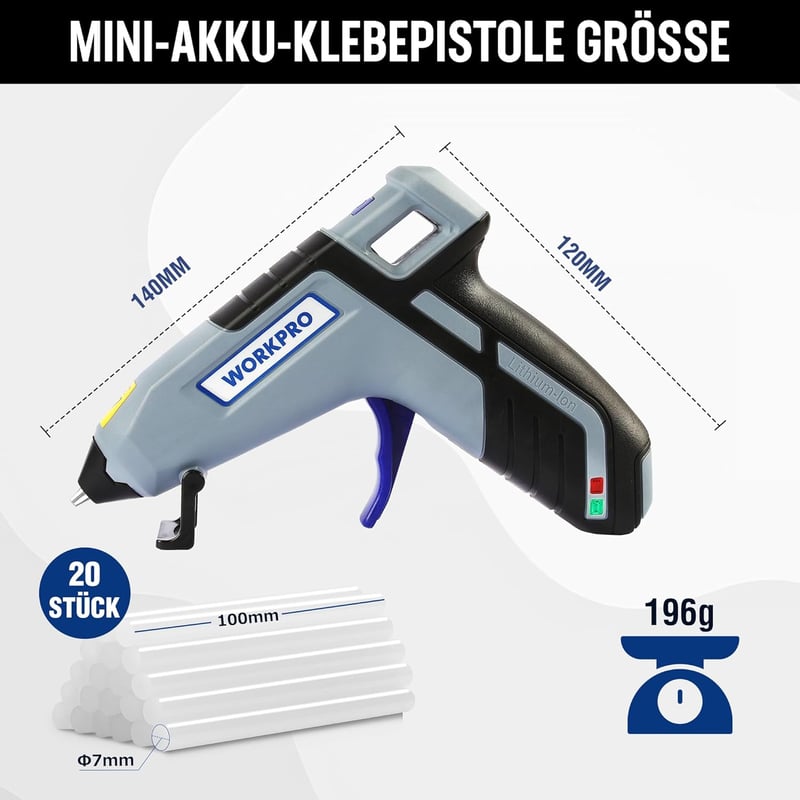 WORKPRO Akkumulátoros Ragasztópisztoly 3.6V - Vezeték Nélküli, 2600 mAh, 20 Ragasztórúddal, Gyors Felfűtés, Automatikus Kikapcsolás, Barkács