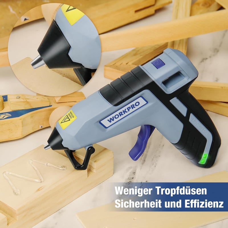 WORKPRO Akkumulátoros Ragasztópisztoly 3.6V - Vezeték Nélküli, 2600 mAh, 20 Ragasztórúddal, Gyors Felfűtés, Automatikus Kikapcsolás, Barkács