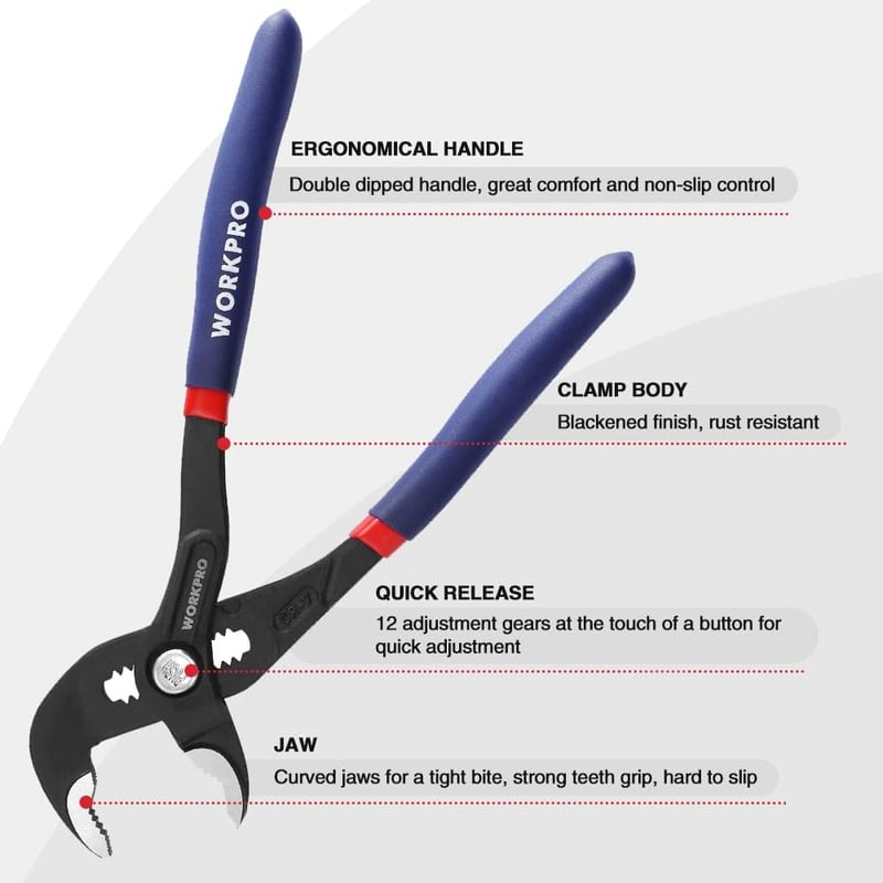 WORKPRO Csatornafogó 180mm Cr-V Acél Állítható Gyorsoldó Csatlakozással