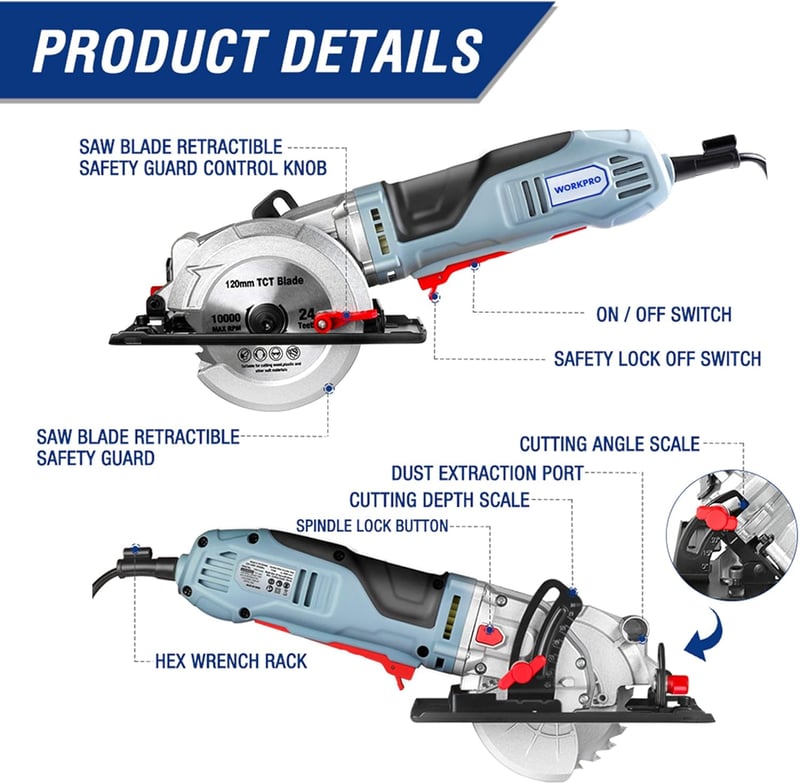 WORKPRO Mini Körfűrész 750W 4700RPM Fához Fémhez Csempéhez Vezetősínnel