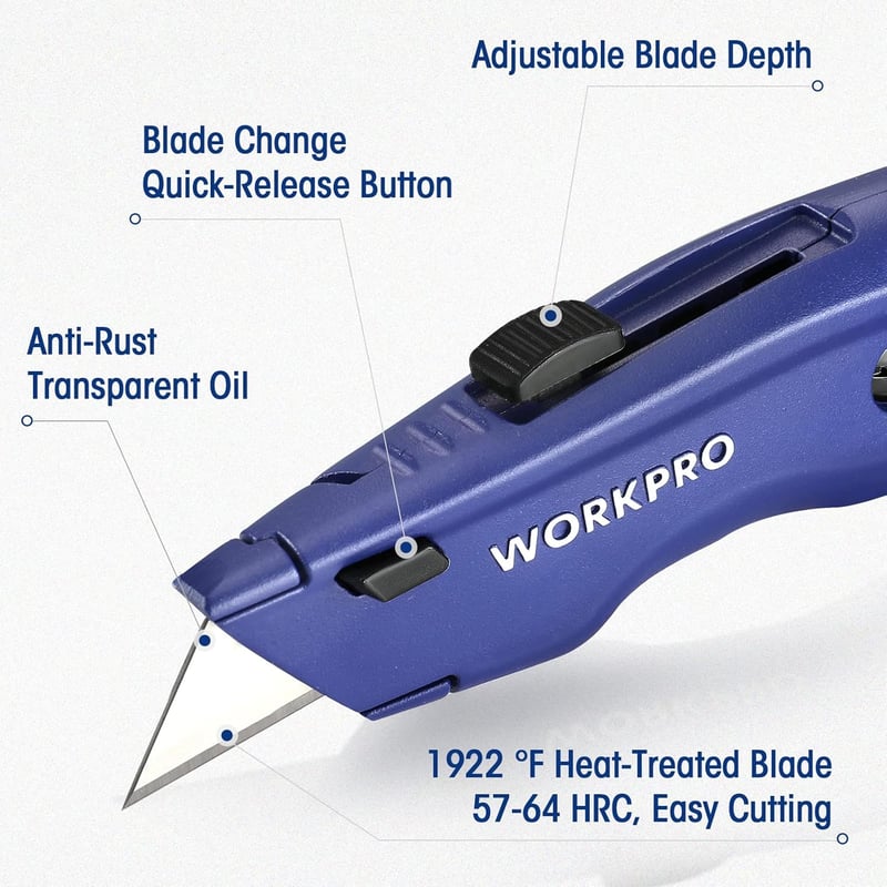WORKPRO Premium Szőnyegvágó Kés Fém Fúrógép Gyors Pengecserével 10 Pótpengével - Single, Blue