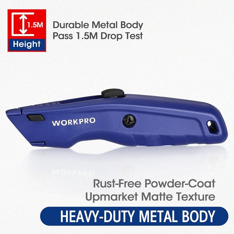 WORKPRO Premium Szőnyegvágó Kés Fém Fúrógép Gyors Pengecserével 10 Pótpengével - Single, Blue