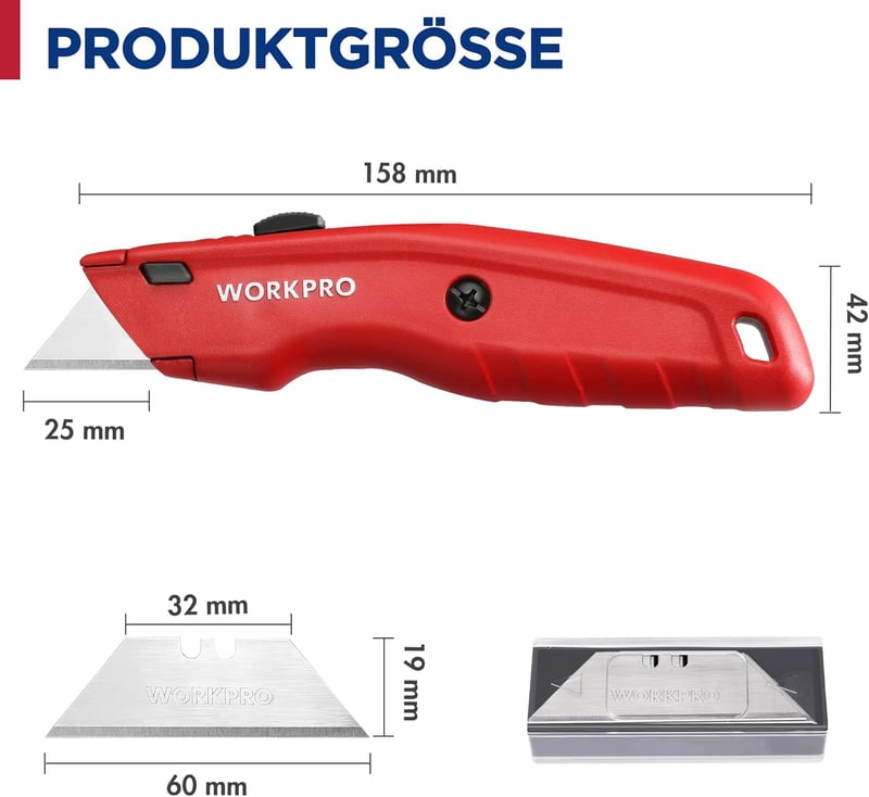 WORKPRO Prémium Tapétavágó Kés, Tömör Fém Házas Szőnyegvágó, Gyorscserés Pengével, 10 Tartalék Pengével, Piros, Alumínium Markolattal