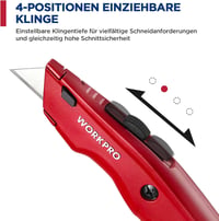 WORKPRO Prémium Tapétavágó Kés, Tömör Fém Házas Szőnyegvágó, Gyorscserés Pengével, 10 Tartalék Pengével, Piros, Alumínium Markolattal 4