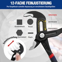 WORKPRO Professzionális Vízpumpafogó 305 mm, Cr-V Acél Csőfogó, Gyorskioldós Állítható Hornyos Csúszókapcsolattal, 50 mm Maximális Nyitással 6