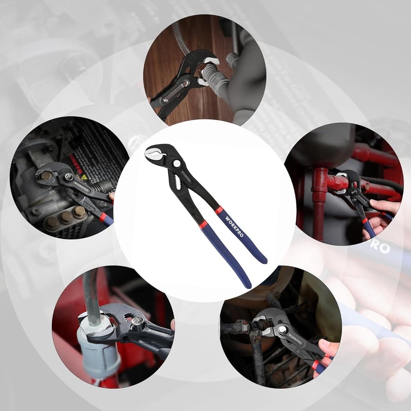 WORKPRO Professzionális Vízpumpafogó 305 mm, Cr-V Acél Csőfogó, Gyorskioldós Állítható Hornyos Csúszókapcsolattal, 50 mm Maximális Nyitással