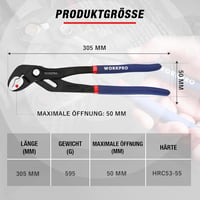 WORKPRO Professzionális Vízpumpafogó 305 mm, Cr-V Acél Csőfogó, Gyorskioldós Állítható Hornyos Csúszókapcsolattal, 50 mm Maximális Nyitással 3