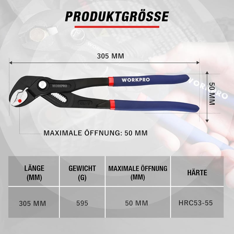 WORKPRO Professzionális Vízpumpafogó 305 mm, Cr-V Acél Csőfogó, Gyorskioldós Állítható Hornyos Csúszókapcsolattal, 50 mm Maximális Nyitással