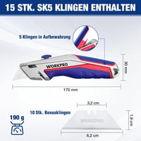 WORKPRO univerzális vágókés gumitukoron 15 SK5 pótpengével 7