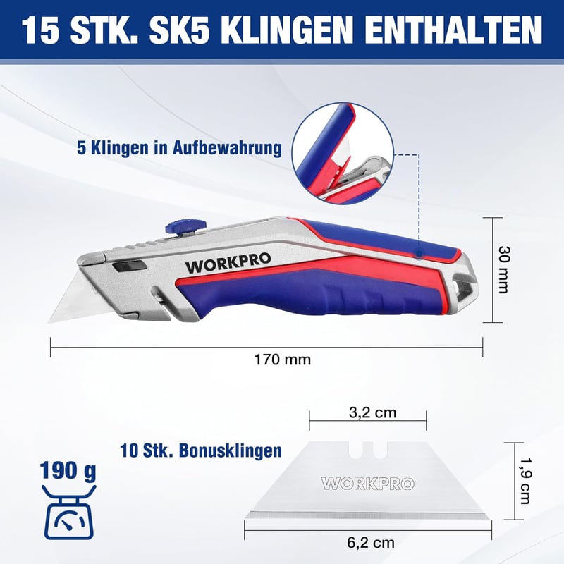 WORKPRO univerzális vágókés gumitukoron 15 SK5 pótpengével