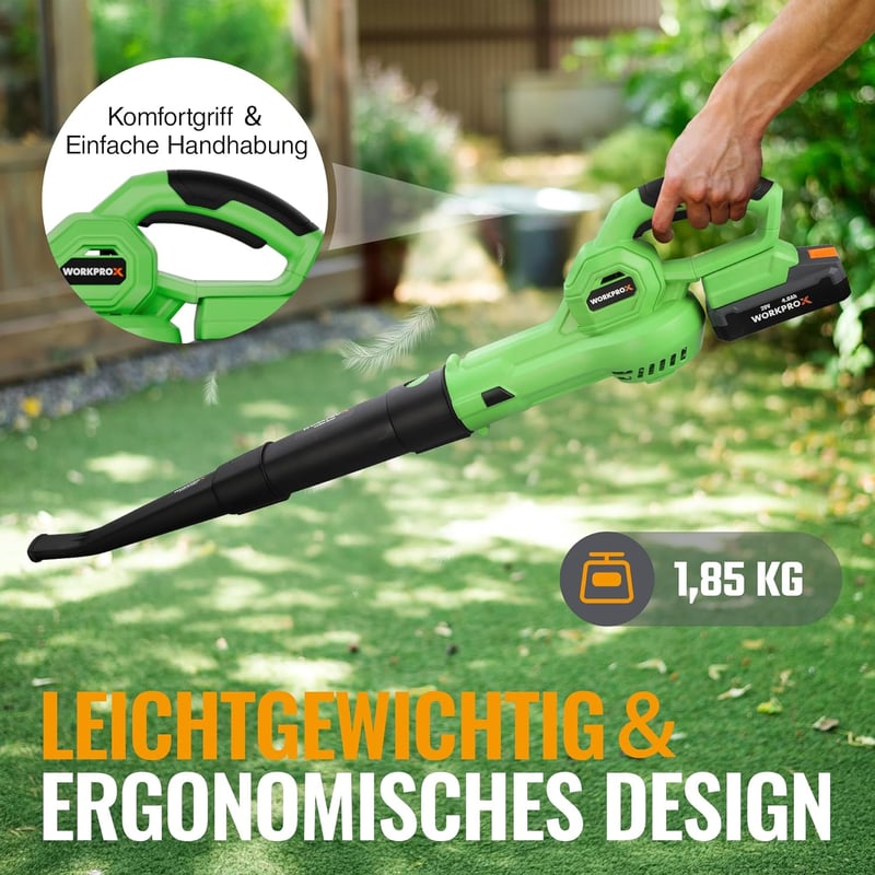 WORKPRO X 20V Akkumulátoros Lombfúvó 4.0Ah, 222 km/h Légáram, Kert és Terasz Tisztításhoz