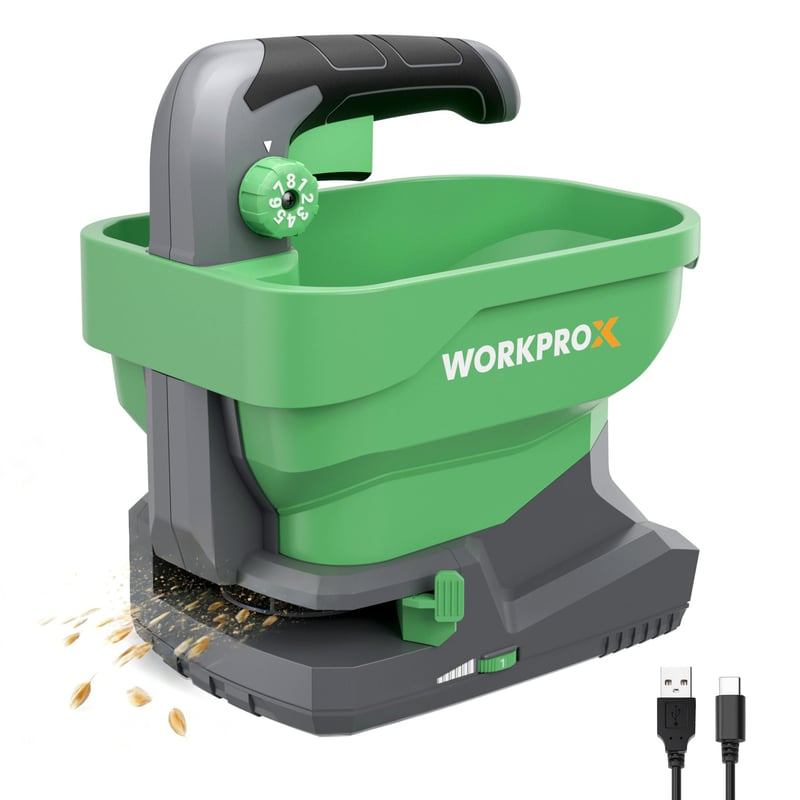 Akumulátorový rozmetávač hnojiva WORKPRO X 7,2 V, 8 režimov dávkovania, 6 rýchlostí, nastaviteľná šírka rozmetania, sejačka na trávnik, rozmetávač soli a posypového materiálu