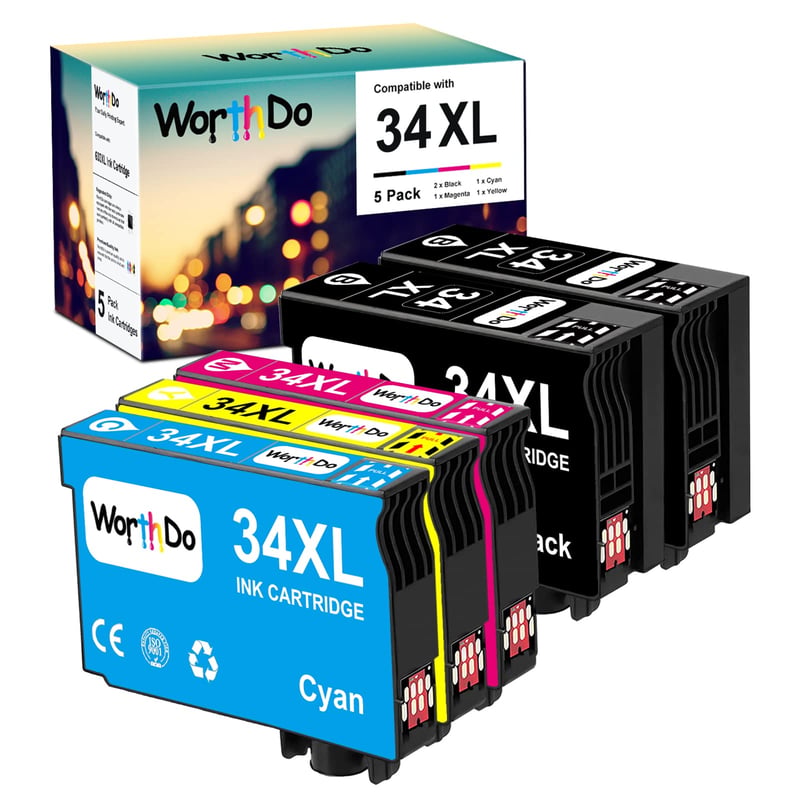 Kompatibilná atramentová kazeta WORTHDO Epson 34XL, Workforce Pro WF-3720/WF-3725 – 5 ks (2 čierne, 1 azúrová, 1 purpurová, 1 žltá)