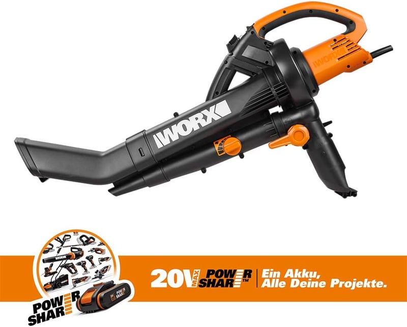 WORX 3000W Elektromos Lombfúvó és Lombszívó Aprítóval - 3 az 1-ben Kerti Eszköz 45L Gyűjtőzsákkal, 335 km/h, 600 m³/h (WG505E)