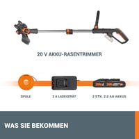 WORX WG163E 20V Li-Ion akumulatorski trimer za travu, promjer košnje 30 cm, flaks 1,65 mm, aluminijska drška, 2 x 2Ah baterije i punjač, crno/narančasta 8