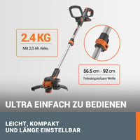 WORX WG163E 20V Li-Ion akumulatorski trimer za travu, promjer košnje 30 cm, flaks 1,65 mm, aluminijska drška, 2 x 2Ah baterije i punjač, crno/narančasta 5