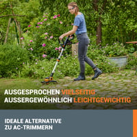 WORX WG163E 20V Li-Ion akumulatorski trimer za travu, promjer košnje 30 cm, flaks 1,65 mm, aluminijska drška, 2 x 2Ah baterije i punjač, crno/narančasta 2