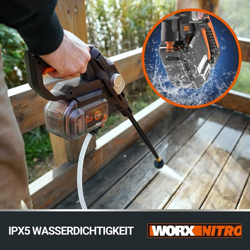WORX WG633E.9 Akkus Magasnyomású Mosó 20V 56 Bar Kefe Nélküli Motor 5az1 Fúvóka - Without battery and charger