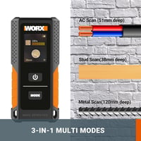 WORX WX086 Falszkenner 3-in-1 Multifunkciós Detektor - Fa, Fém és Elektromos Vezeték Kereső HyperCrystal LCD Kijelzővel, 3.7V 2