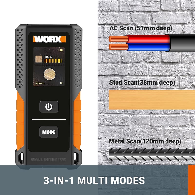 WORX WX086 Falszkenner 3-in-1 Multifunkciós Detektor - Fa, Fém és Elektromos Vezeték Kereső HyperCrystal LCD Kijelzővel, 3.7V