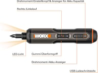 WORX WX240 4V Akkus Csavarhúzó Készlet, 1.5 Ah, 3 Sebességű Nyomaték, LED Világítás, 24 Bit, USB-C Töltés, Fekete-Narancs 7