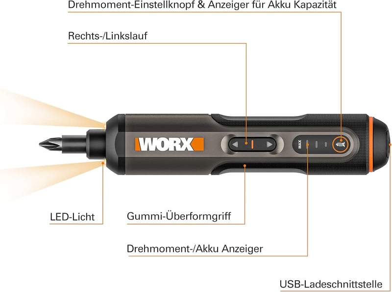 WORX WX240 4V Akkus Csavarhúzó Készlet, 1.5 Ah, 3 Sebességű Nyomaték, LED Világítás, 24 Bit, USB-C Töltés, Fekete-Narancs