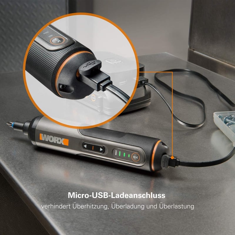 WORX WX240 4V Akkus Csavarhúzó Készlet, 1.5 Ah, 3 Sebességű Nyomaték, LED Világítás, 24 Bit, USB-C Töltés, Fekete-Narancs