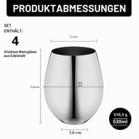 Set 4 Pahare de Vin din Oțel Inoxidabil WOTOR fără Picior - 532 ml, Pahare Metaliceจะ Indestructibile pentru Exterior, Călătorii, Camping, Argintiu 6