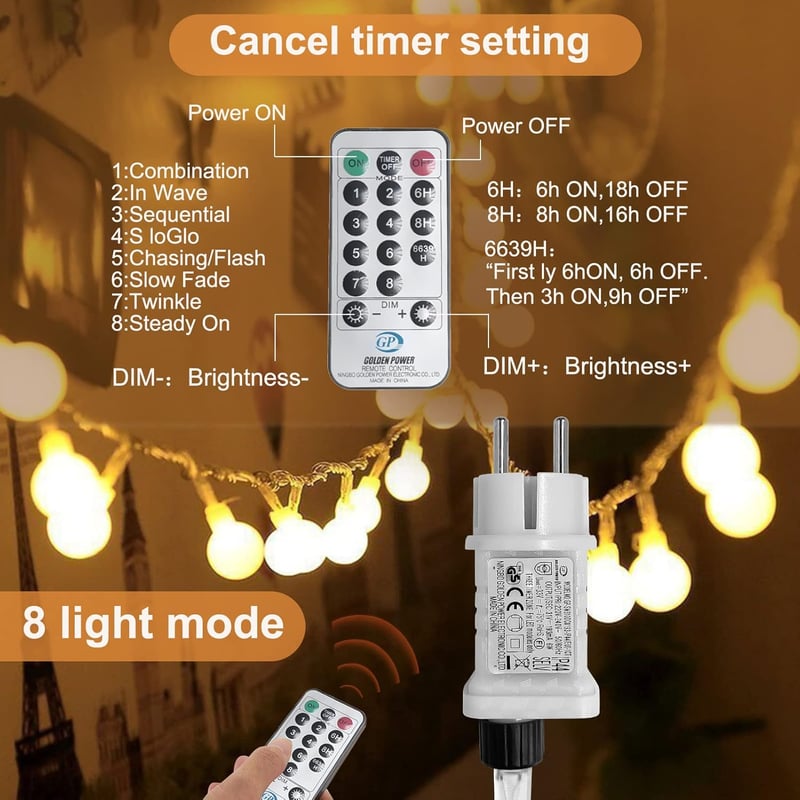 WOWDSGN 100 LED-es gömb fényfüzér 10m, dimmelhető, 8 üzemmód, meleg fehér