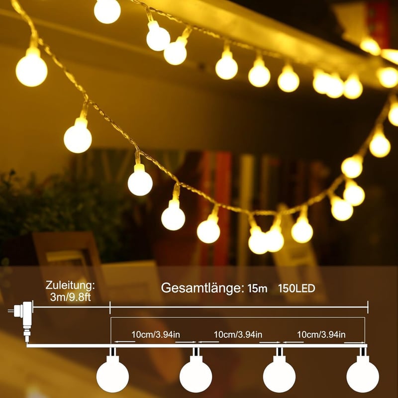 WOWDSGN 150 LED-es gömb fényfüzér 15m, dimmelhető, 8 üzemmód, beltéri kültéri