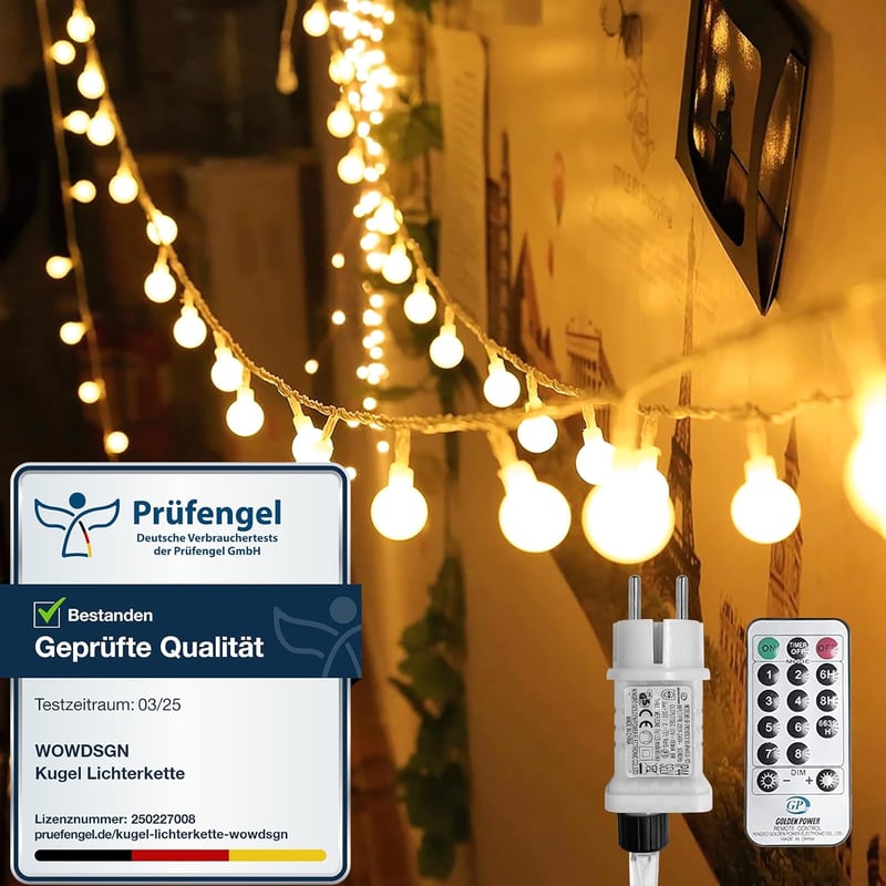 WOWDSGN 150 LED-es gömb fényfüzér 15m, dimmelhető, 8 üzemmód, beltéri kültéri