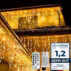 WOWDSGN LED božićne lampice ledenice za vanjsku upotrebu, 15 m, 660 LED dioda, 8 načina rada, IP44, timer - topla bijela