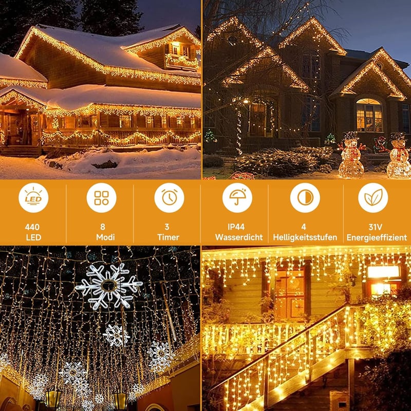 WOWDSGN LED Jégcsap Fényfüzér Kültéri 20m 880 LED Időzítő 8 Mód IP44 Vízálló Meleg Fehér Karácsonyi Díszítés Terasz Erkély