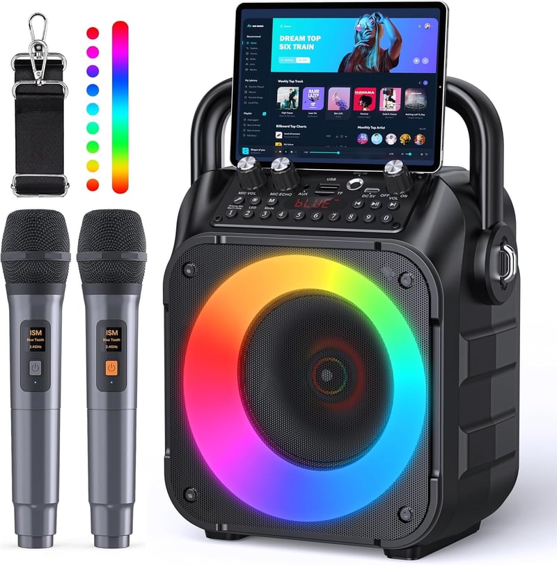 Wowstar Karaoke készlet 2 mikrofonnal, hordozható Bluetooth hangszóró színes fényekkel, TF/USB FM AUX, TWS felnőtteknek és gyerekeknek