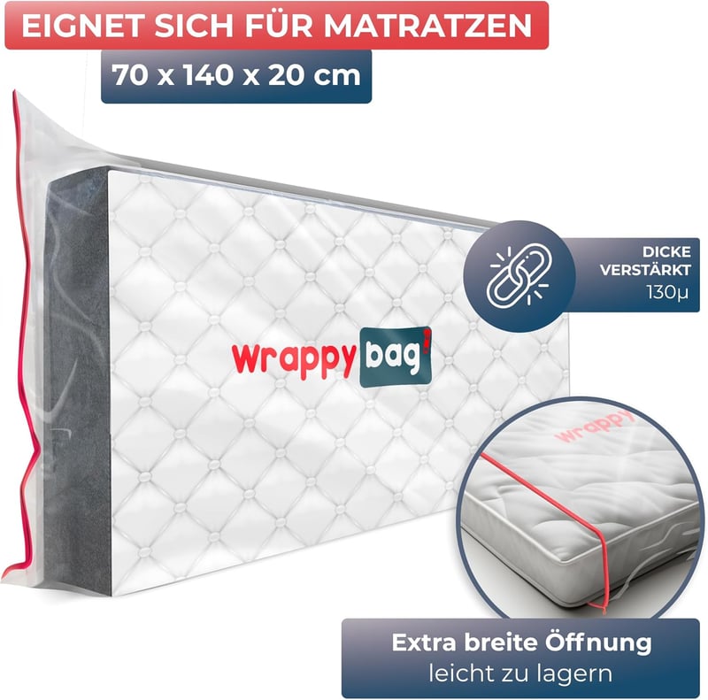 Wrappybag Vízálló Matracvédő Huzat - Költöztetéshez és Tároláshoz - Szakadásálló Műanyag Védőzsák Cipzárral - 5 Méretben (70 x 140 cm)