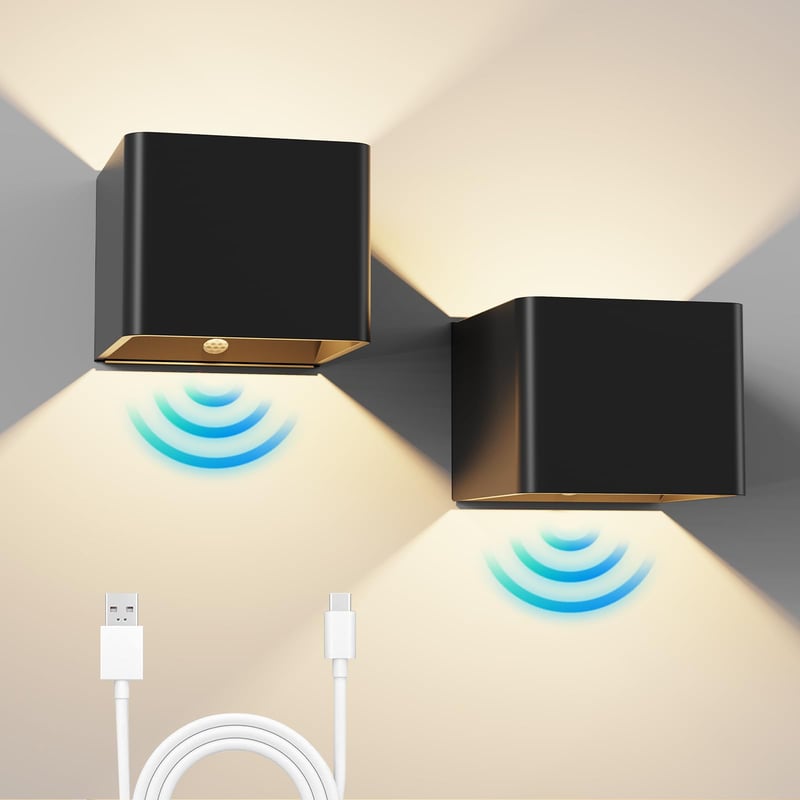 WRMING Punjiva zidna svjetiljka sa senzorom pokreta, 5W, 3000mAh, 2 komada, crna, bežična noćna svjetiljka za stepenice i hodnike s USB punjenjem, 3000K topla bijela
