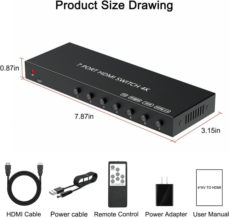 Wrugste HDMI Switch 7 Be 1 Ki Elosztó Távirányítóval, 4K 60Hz HDR Támogatás PS4/5 Xbox Fire Stick Roku Konzolokhoz