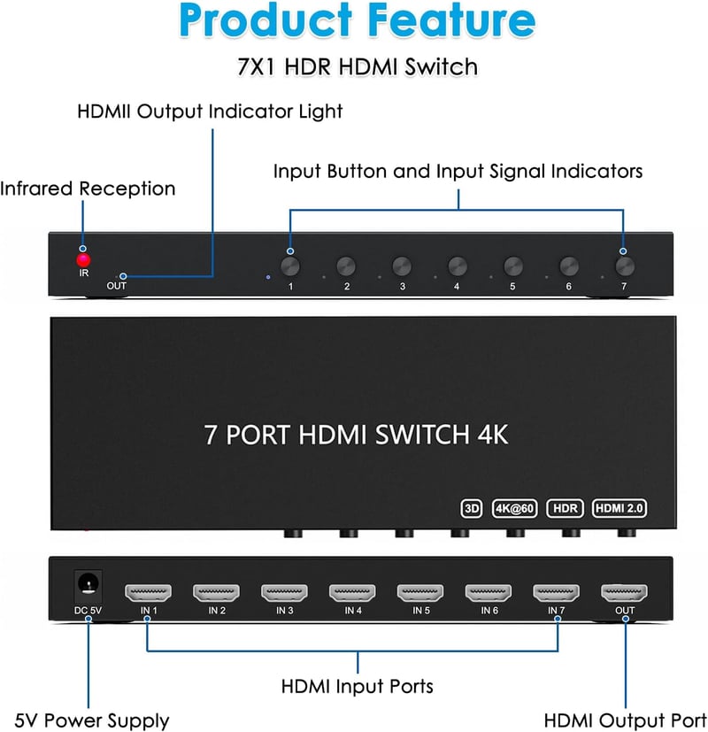 Wrugste HDMI Switch 7 Be 1 Ki Elosztó Távirányítóval, 4K 60Hz HDR Támogatás PS4/5 Xbox Fire Stick Roku Konzolokhoz