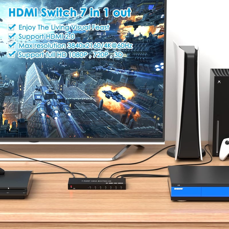 Wrugste HDMI Switch 7 Be 1 Ki Elosztó Távirányítóval, 4K 60Hz HDR Támogatás PS4/5 Xbox Fire Stick Roku Konzolokhoz