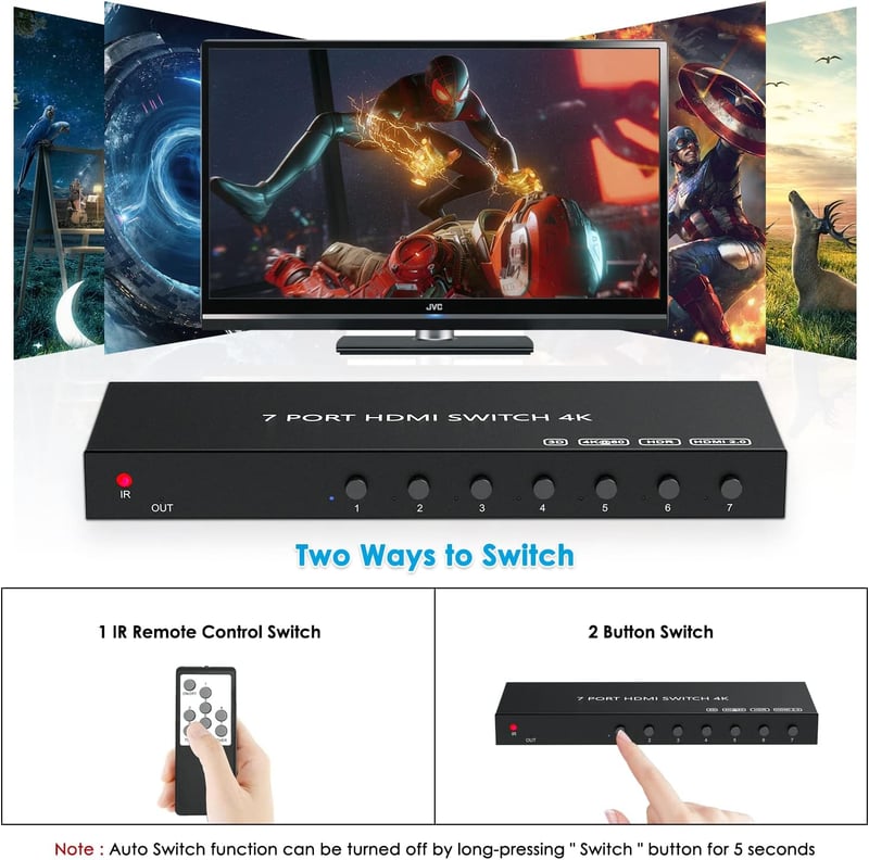 Wrugste HDMI Switch 7 Be 1 Ki Elosztó Távirányítóval, 4K 60Hz HDR Támogatás PS4/5 Xbox Fire Stick Roku Konzolokhoz