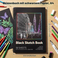 Skicár WSICSE A4, čierny papier, 50 listov, 160 g/m², špirálová väzba, skicár bez obsahu kyselín na farebné ceruzky, kriedy a metalické fixky 2
