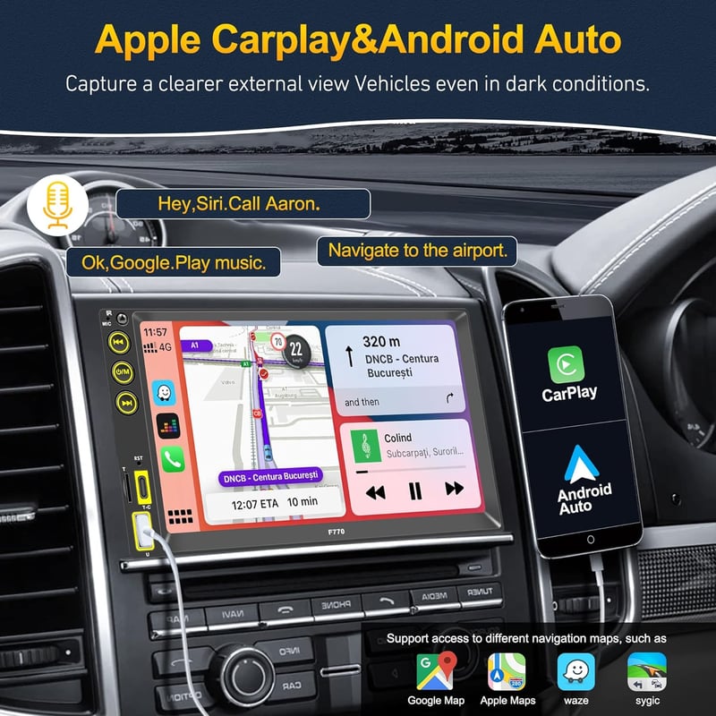WSRADIOKITS 2 Din Autórádió Apple CarPlay Android 7" HD Kijelző Bluetooth USB-C