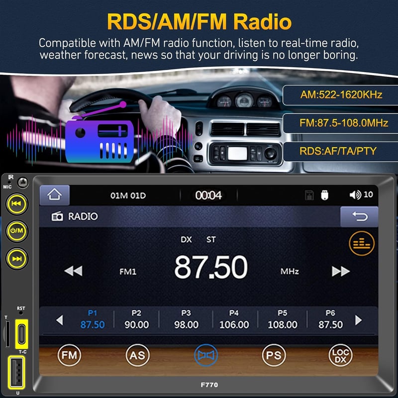 WSRADIOKITS 2 Din Autórádió Apple CarPlay Android 7" HD Kijelző Bluetooth USB-C