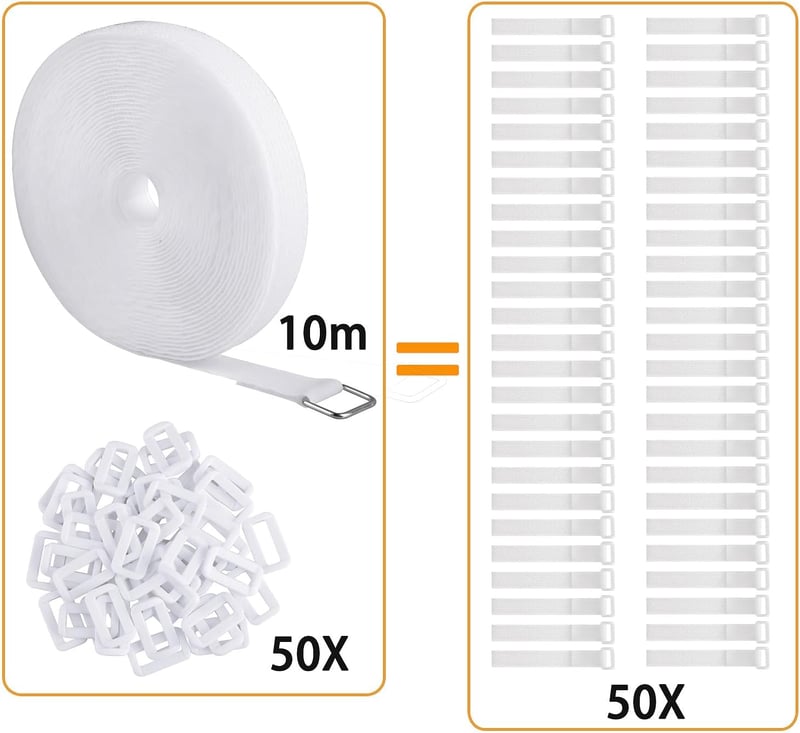 WSZJINB 10 m x 2 cm fehér tépőzáras kábelrögzítő szalag 50 csattal, vágásra méretre igazítható, újra felhasználható kábelkötegelő
