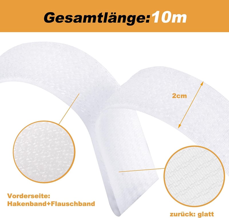 WSZJINB 10 m x 2 cm fehér tépőzáras kábelrögzítő szalag 50 csattal, vágásra méretre igazítható, újra felhasználható kábelkötegelő