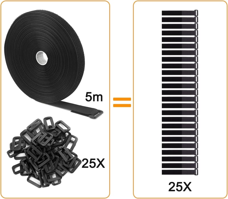 WSZJINB 5m x 2cm Tépőzár Szalag 25 Csattal, Fekete Kábel Rendszerező