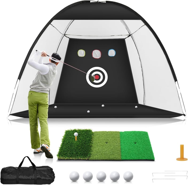 WUDLEP Golf Edzőhálózat 10x7ft Tri-Turf Szőnyeggel, Ütéspálya Szett Labdákkal és Tárcsákkal